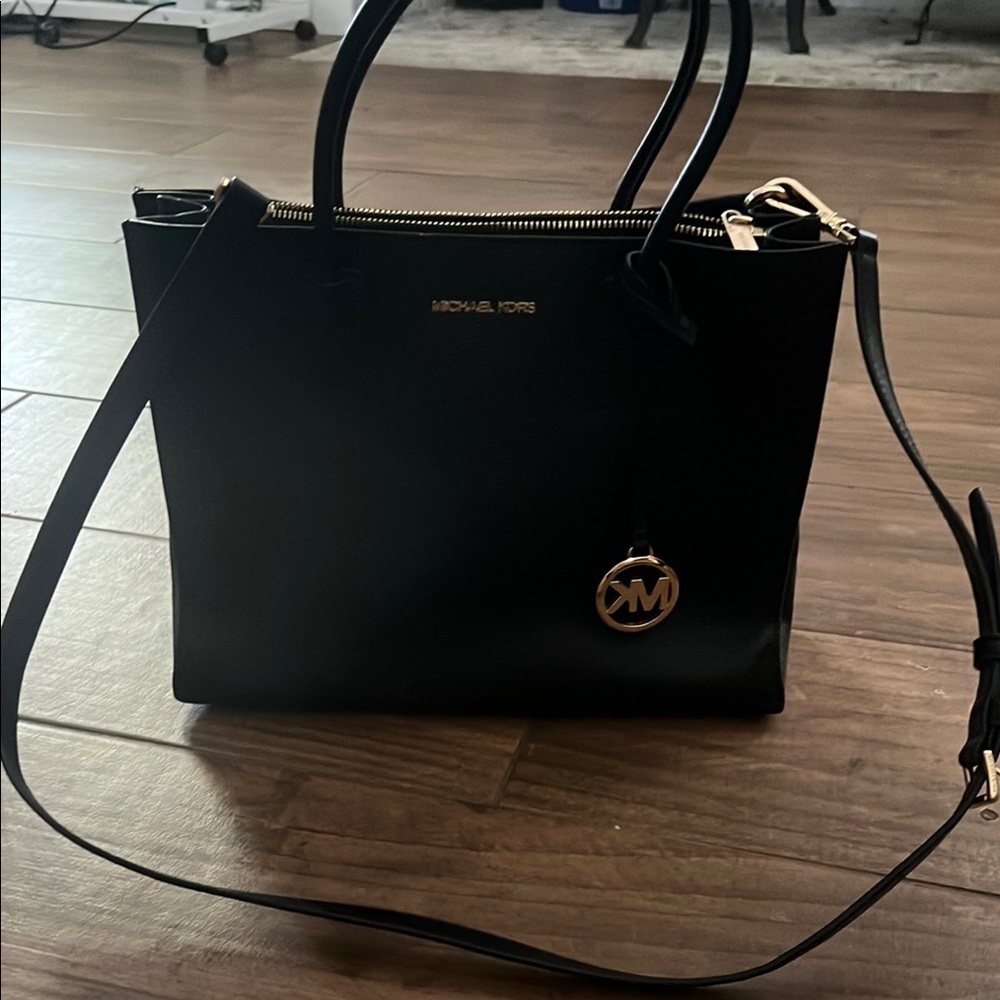 Michael Kors Black Leather Tote with Gold Accents